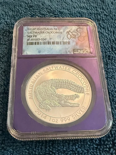 2014P Australia 1oz. Silver Dollar Saltwater Crocodile NGC MS70 Graded Slab