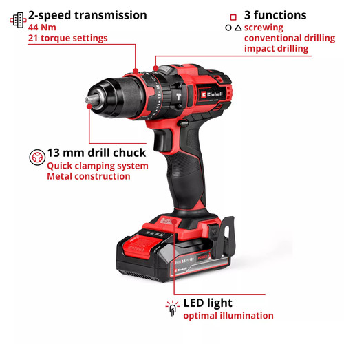 Einhell TE-CD 18/44 Cordless Combi Drill PXC 18v Metal Chuck 2 x Batteries - Picture 2 of 22