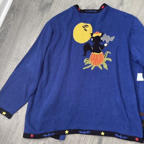 Quacker Factory Cardigan Sweater Womens 3X Blue Knit Halloween Black Cat Pumpkin - Picture 13 of 14