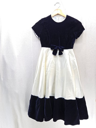 HELENA Neiman Marcus Girl's Velbvet Blue & White A-line Short Sleeve Dress Sz-10 - Picture 1 of 9