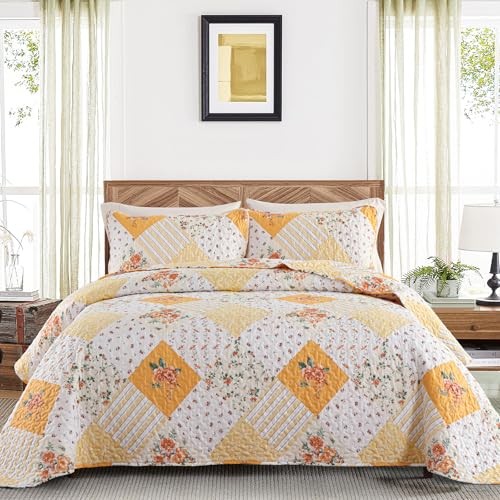 Quilt Set Queen Size, wendbar Blumen kariert Queen (90"Bx90"L) gelb - Bild 2 von 8