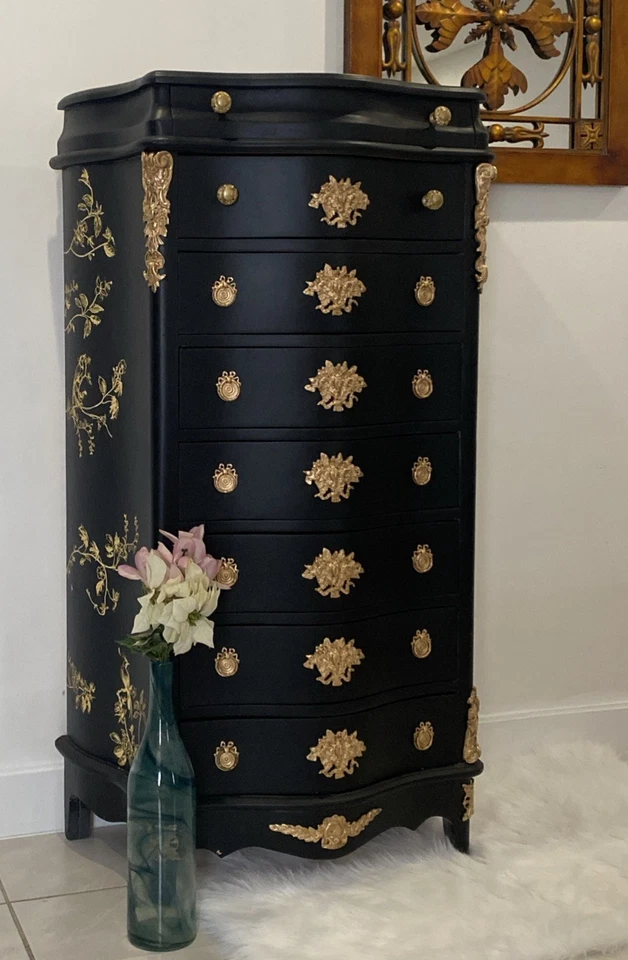 Винтажный Людовик XV белье груди комод Semainier черный и золотой. Единственный в своем роде - Изображение 3 из 4