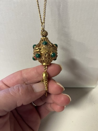 Vintage FLORENZA goldfarben grün Cab & Strass aufklappbares Medaillon Halskette Anhänger - Bild 7 von 16