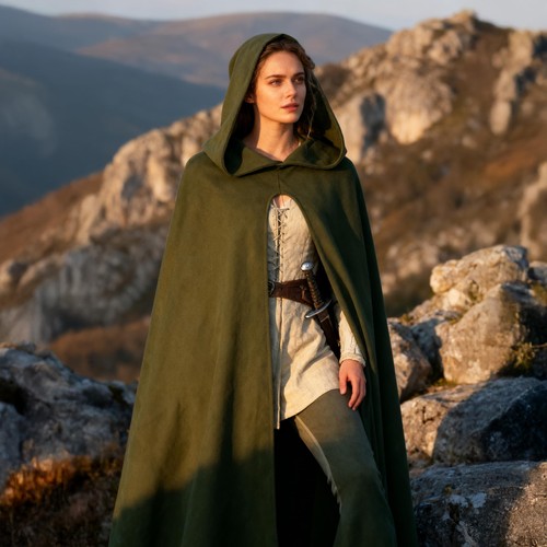 Renaissance Hooded Cape Witch Cloak with Hood Medieval Halloween Costume-Green - Picture 5 of 9