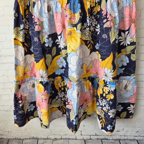 Boston Proper Tiered Midi Skirt Size XL Bold Floral Navy Blue Pink NEW Stretch - Picture 5 of 14