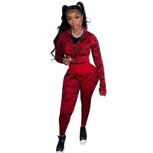 Womens Camouflage Print 2Pcs Outfits Long Sleeve Bodycon Pants Set Casual Sports - Bild 15 von 22