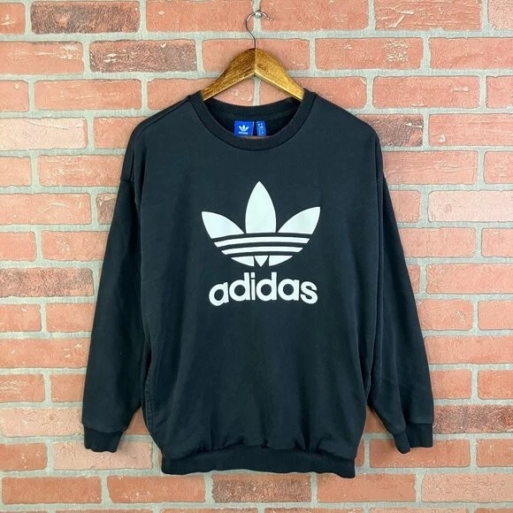 Adidas Original Womens Black/White Trefoil Logo Crewneck Pocket Sweatshirt  Small | eBay