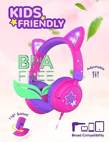 Cat Ear Kids Headphones, LED Light Up, 85dBA Safe Volume, Foldable Wired - Picture 11 of 12