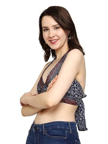 Boho Indian Women Silk Top Neck Top Halter Top Floral Printed Beach Party Hippie - Picture 2 of 3