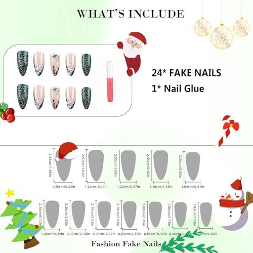 Christmas Press on Nails Medium Almond Fake Nails Green D-26Christmas Green - Bild 5 von 7