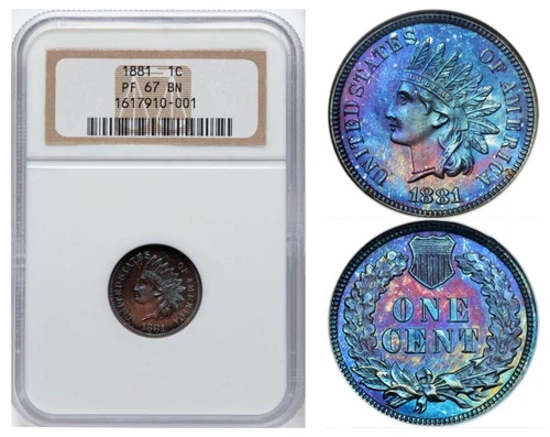 1881 Indian Head Cent NGC PF67 BN Monster Blue Rainbow Toned Old NGC Holder