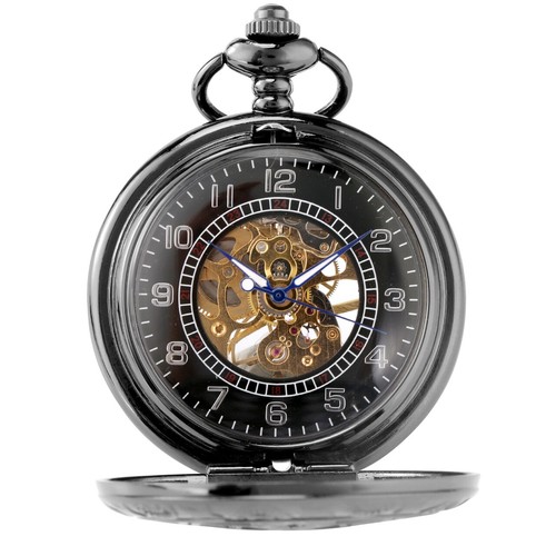 Hollow Square Case Hand Winding Mechanical Pocket Watch Skeleton Dial FOB Chain - Picture 4 of 9