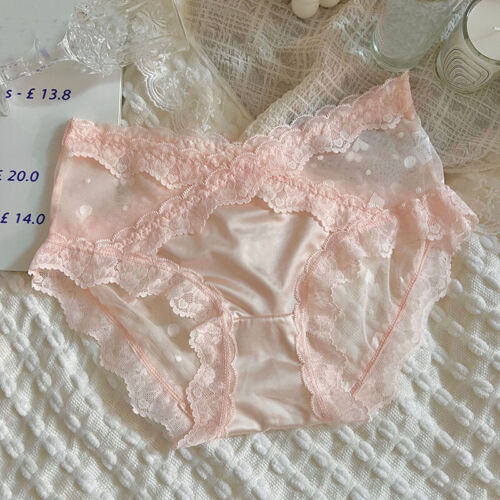 Womens Girls Faux Satin Lace Panties Briefs Mesh Sheer Underwear Sexy Knickers - Picture 1 of 11