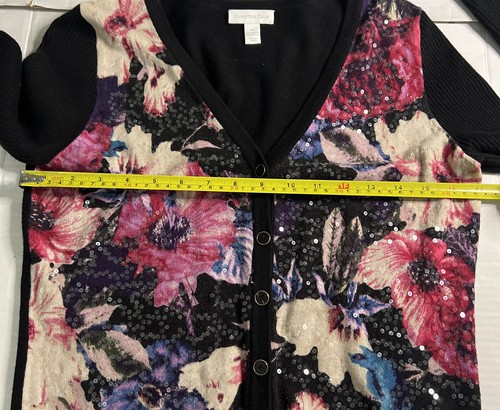 BLACK/FLORAL/SEQUINS LongSleeve Button upCHARTER CLUB cardigan sweater Medium - Picture 5 of 8