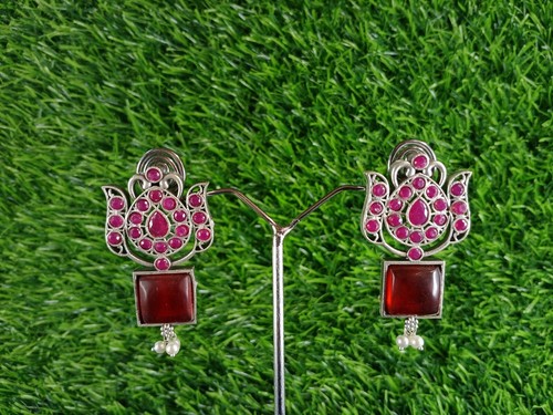 Elegante Lotus Motivo Pendientes Con Rosa Monalisa Cuadrado Piedra y Perla - Imagen 9 de 11