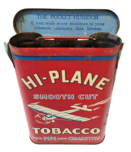 RARE Vintage HI-PLANE Pipe Cigarette Tobacco Vertical Hinged Pocket Tin w/ Plane - Picture 2 of 5