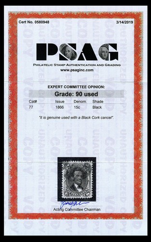 US #77; 15¢ LINCOLN, XF-USED, 2019 PSAG GRADED (90) Certificate, SMQ $600 - Picture 3 of 3