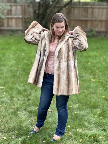 VTG MCM NORELL Natural Cross Fur Car Length Swing Coat Jacket Mink Sheared Med - Picture 9 of 20