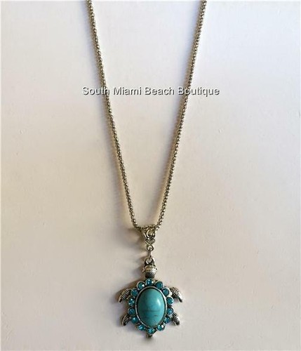 Silver Turquoise Sea Turtle Necklace Pendant Crystals Stone Nautical USA Seller - Picture 3 of 7