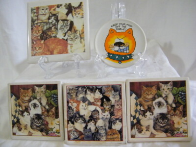 Miscellaneous cat coasters and one tile