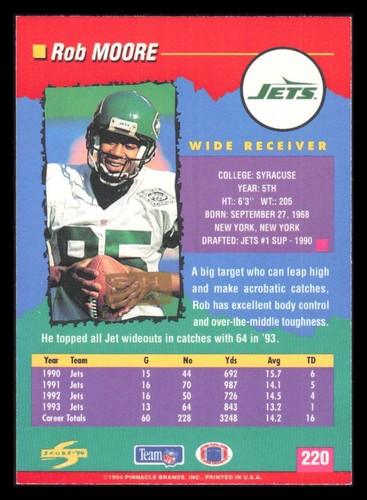 1994 Score Gold Zone Rob Moore Football Card #220 New York Jets - Picture 2 of 2