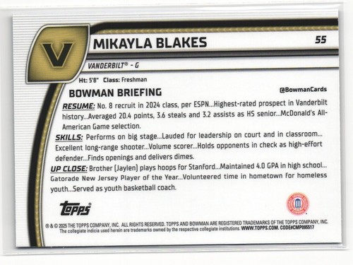 MIKAYLA BLAKES 2024-25 Bowman Chrome Sapphire University 1st Bowman #55 - Picture 2 of 2