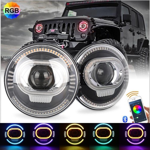 7 Inch Halo LED Headlight RGB Hi/Lo Beam For Jeep Wrangler JK TJ CJ LJ H1 H2 - Picture 1 of 10