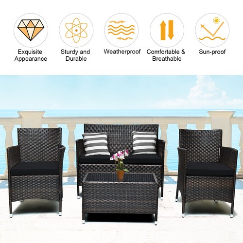 8PCS Rattan Patio Furniture Set Cushioned Sofa Chair Coffee Table Black - Picture 5 of 11