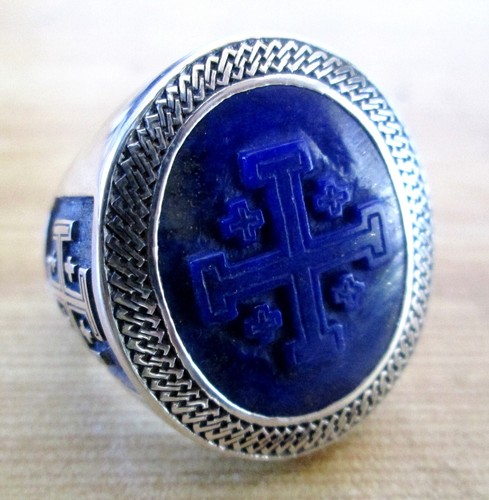 Anillo Cruz Jerusalén Lapislázuli Afgano Plata Esterlina y Alta Calidad Talla US 10.5 - Imagen 2 de 6