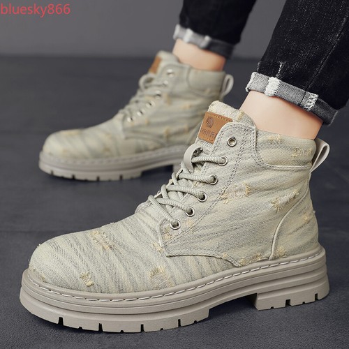 Hombres Punta Redonda Con Cordones Parte Superior Alta Botines Retro Botas de Denim Zapatos de Trabajo al Aire Libre - Imagen 16 de 24