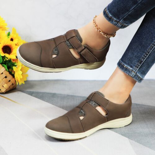 Zapatos cómodos para caminar de cuero para mujer con cierre de correa de gancho y bucle suela acolchada - Imagen 18 de 21