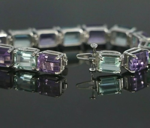 14Ct Emerald Cut Aquamarine Amethyst Women's Tennis Bracelet 14K White Gold Over - Picture 3 of 7