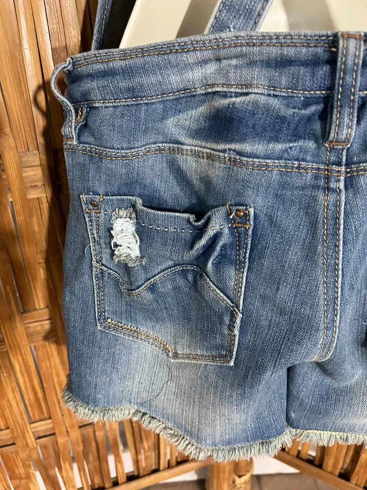 Bongo Overall Bib Blue Jeans Short Shorts Braided Straps Distressed L - Image 4 of 4