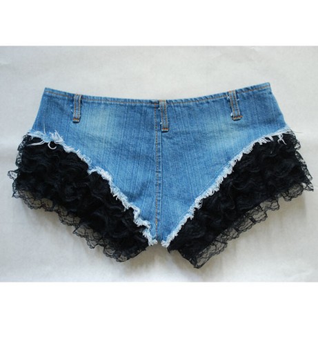 Pantaloni corti hot sexy donna ragazza jeans o PU nero fondo pizzo vita bassa - Foto 7 di 14