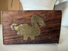 Vintage Handmade India Wood & Brass Inlay Small Trinket Box Bird Design 2.5"
