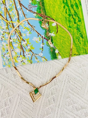 Christian Dior Vintage Gripoix Emerald Diamond Rectangle Crystals Necklace Gold - Picture 4 of 14