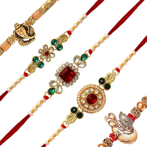 Combo Kundan Enchapado en Oro Rakhi para Hermano/Bhaiya bhabhi (Paquete de 5) | Pulsera - Imagen 3 de 7