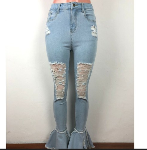 USA Women Ripped Hole Jeans High Waist Bell Bottom Skinny Trousers Flare Pants - Picture 2 of 4