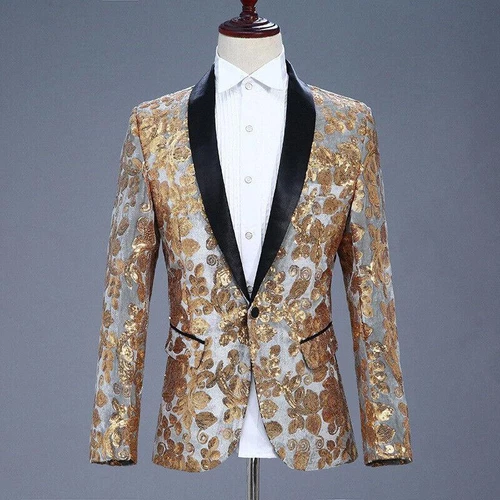 Men Sequin Shawl Lapel Suit Jacket Velvet Floral Blazer Wedding Prom Coat Tops - Picture 14 of 21