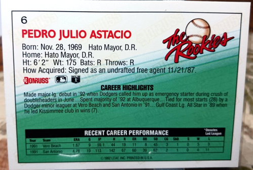 1992 Donruss The Rookies Baseball Card of Pedro Astacio #6 (NM) Free Returns - Picture 2 of 2