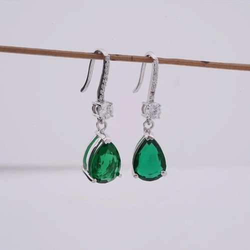 Pear Lab-Created Green Emerald Woman's Drop/Dangle Earring 14K White Gold Plated - Picture 2 of 9
