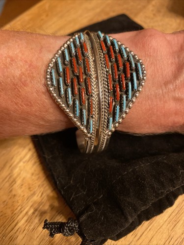 Amerikanische Ureinwohner Sterlingsilber Zuni Nadelspitze Türkis Koralle Manschette Armband - Bild 11 von 11