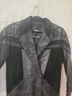 Vintage Wilsons Leather 80's Black Paisley Trench Coat Size