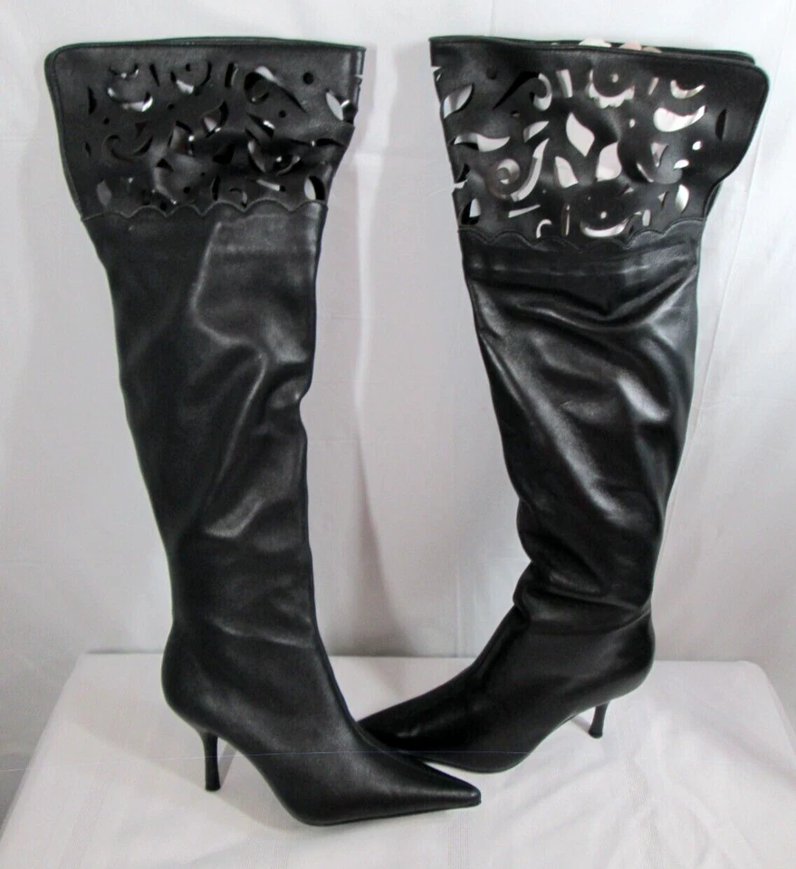 Colin Stuart Black Leather Boots 7 B Over The Knee Thigh Stiletto Heel Cutouts - Image 2 of 4