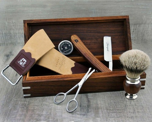 Kit completo de afeitado profesional de peluquería para hombres juego de regalo de afeitado de madera - Imagen 7 de 7