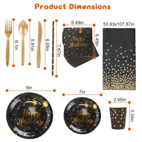 25Set Disposable Dinnerware Set Black Gold Birthday Party Camping Supplies Tool - Picture 2 of 10