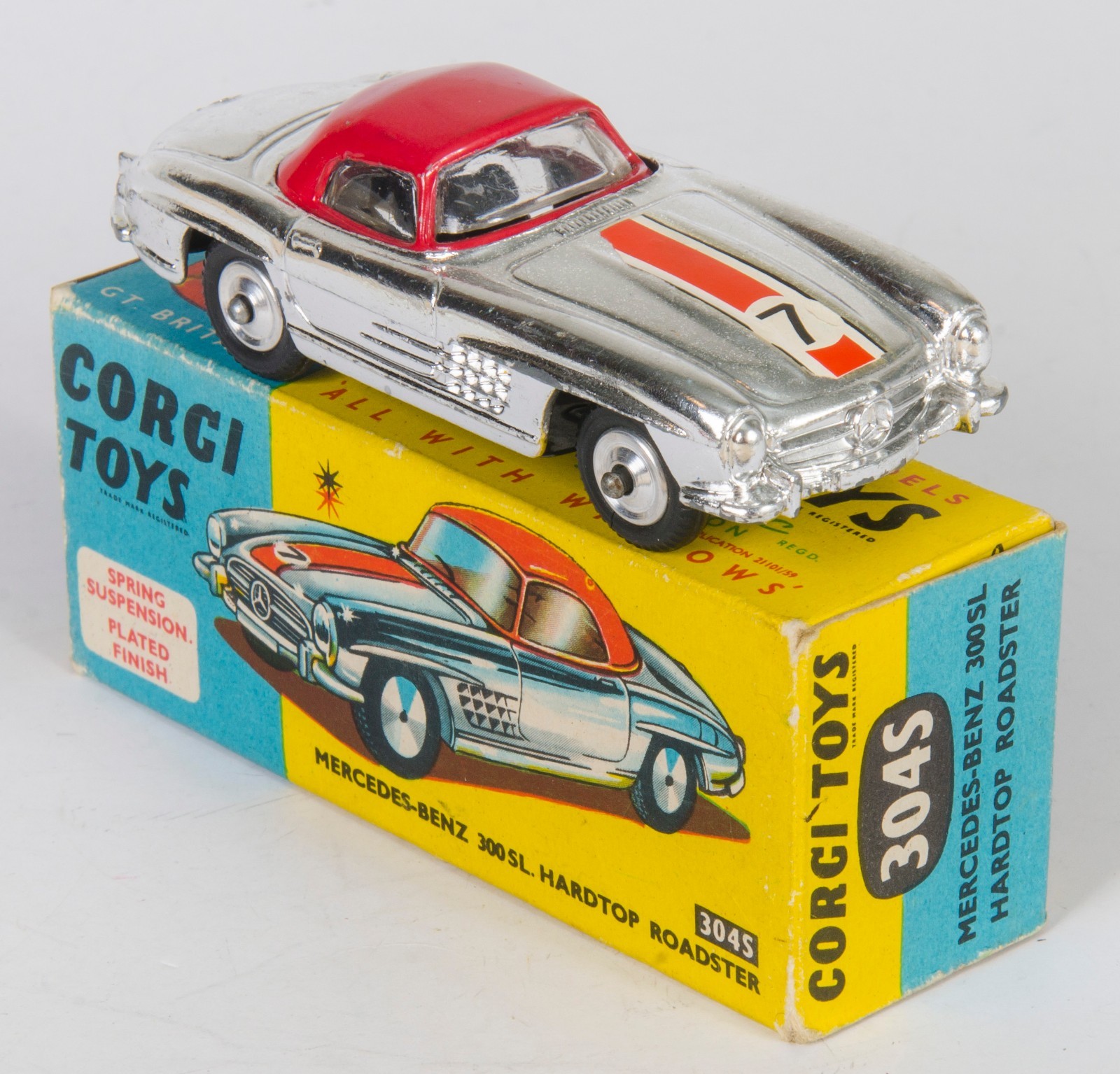 Corgi 304S Mercedes-Benz 300 SL Hardtop. Cromo rosso. Nr. como Nuevo en Caja. 1961 Corgi 304S Mercedes-Benz 300 SL Hardtop. Cromo rosso. Nr. como Nuevo en Caja. 1961