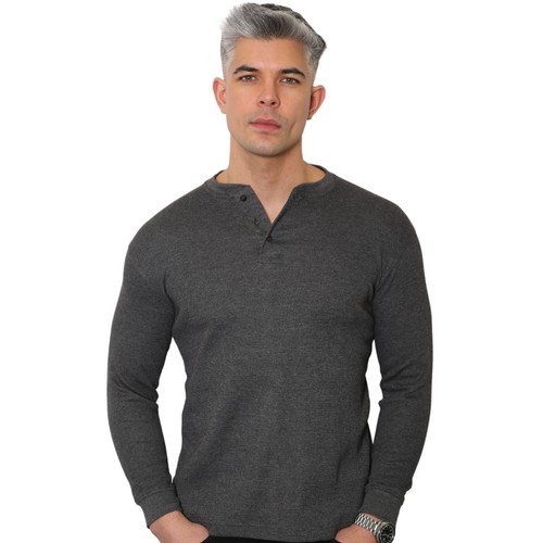 Mens Henley Long Sleeve Thermal T-Shirt Top Grandad Neck waffle net top (2208-A) - Picture 6 of 24