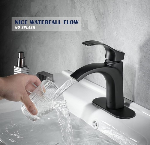FBUKE Black Bathroom Faucet, Matte Black Single Hole Sink Faucet with Waterfall - Picture 4 of 8