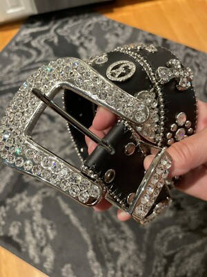 Christine Alexander Black Crystal Leather Belt Cross Bling